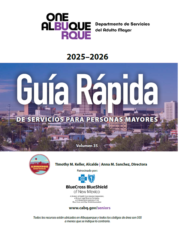 image of the front page of the Spanish-translated 2025-2026 CABQ Quick Guide for Senior Affairs