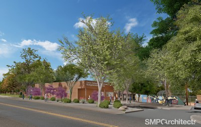 Rendering of planned Santa Barbara-Martineztown Multigenerational Center building as envisioned from the southwest.