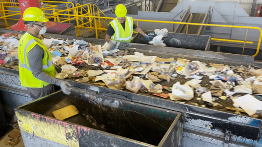 Workers sorting recycling out of the single stream