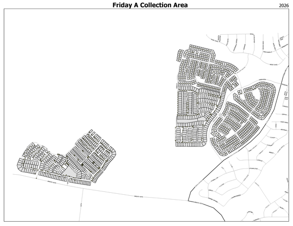 EOW Recycling Pilot Friday A Map of all homes in the EOW recycling pilot program on Friday "A" schedule.