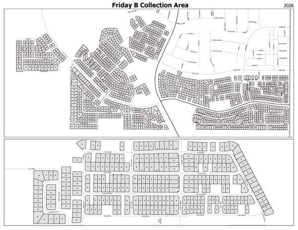 EOW Recycling Pilot Friday B Map of all homes in the EOW recycling pilot program on Friday "B" schedule.