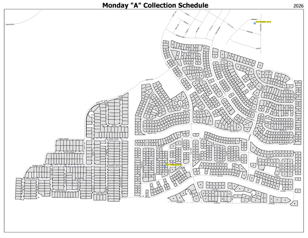 Map of all homes in the EOW recycling pilot program on Monday "A" schedule.