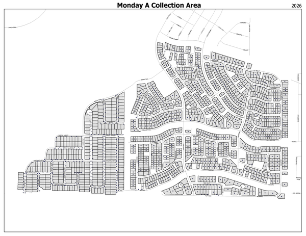 EOW Recycling Pilot Monday A Map of all homes in the EOW recycling pilot program on Monday "A" schedule.