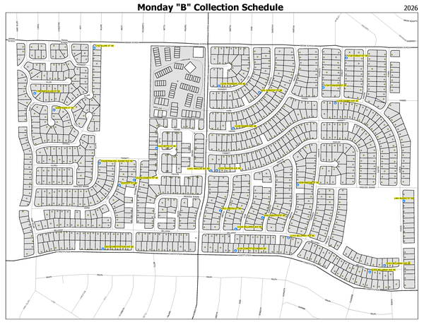 Map showing all homes with an every-other-week collection schedule on Monday's B schedule.