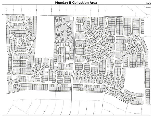 EOW Recycling Pilot Monday B Map of all homes in the EOW recycling pilot program on Monday "B" schedule.