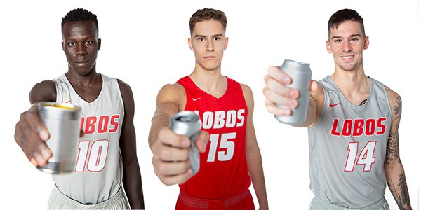 Recycle Right Campaign: UNM Lobos Players from the UNM Lobo Basketball Team posing with cans for the Recycle Right Campaign.