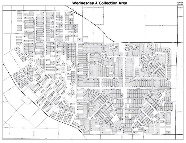 EOW Recycling Pilot Wednesday A Map of all homes in the EOW recycling pilot program on Wednesday "A" schedule.