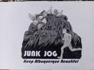 A black, white, and gray design featuring a "plogger" in front of a mountain of garbage bags along with some garbage items. It also features "Junk Jog" and "Keep Albuquerque Beautiful."