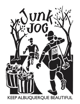 A black and white design features two "ploggers" cleaning up the Bosque. It also features trees and garbage bins along with the words "Junk Jog" and "Keep Albuquerque Beautiful" in a bolder font.