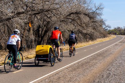 Three riders, one pulling a trailer riding on the bosque trail. No leaves on the trees.