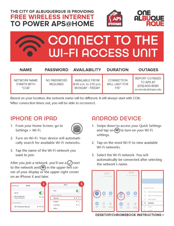 See a flyer with information on how to connect to COA free wifi on different devices.