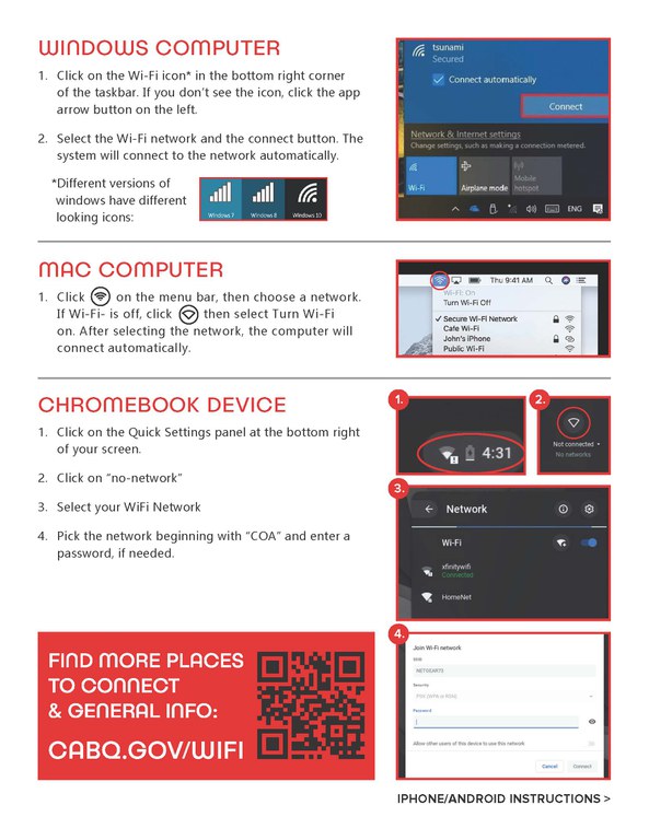 See a flyer with information on how to connect to COA free wifi on different devices.