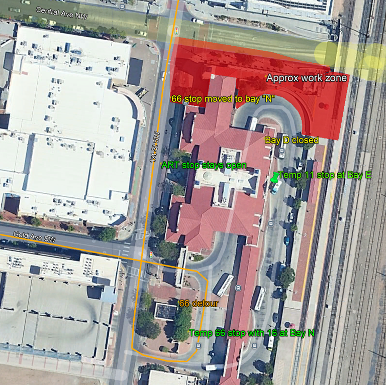 Map of rail trail construction detour and impacts near the Alvarado Transportation Center