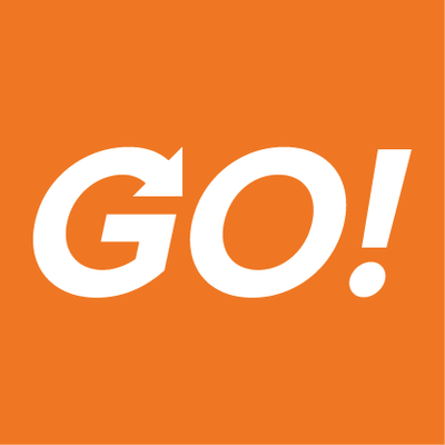The word GO! on an orange square.