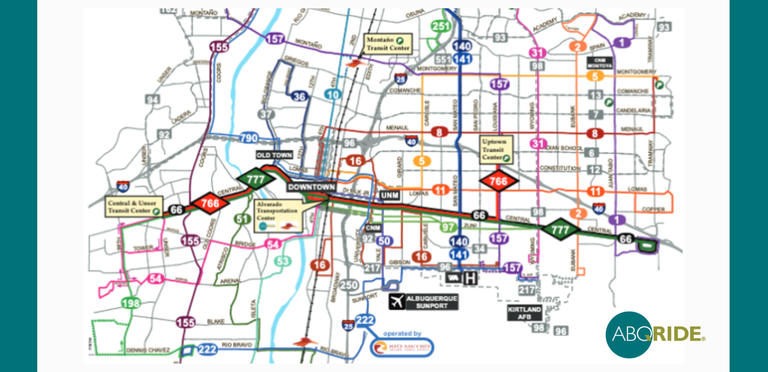 ABQ RIDE's route map, including over 20 routes that are available throughout Albuquerque. Find the route information in the body of the web page.