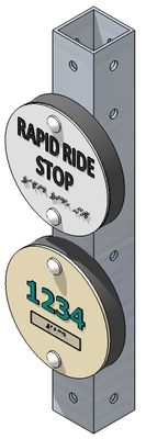 A graphic of bus stop pucks with route and stop numbers