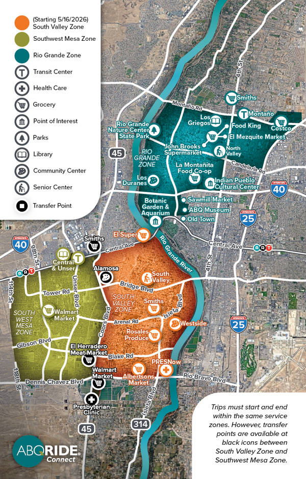 ABQ RIDE's microtransit service adds a new zone starting 5/16/2026 in the South Valley.