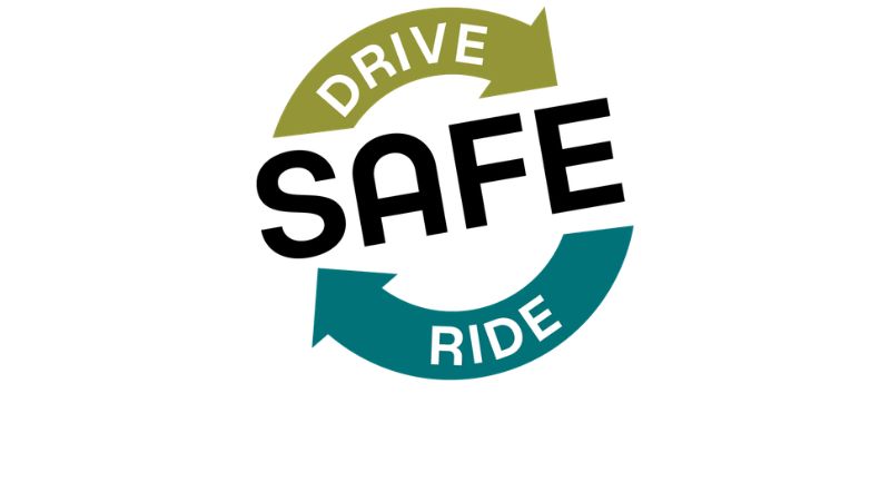 Two arrows forming a circle with the top one saying Drive and the bottom saying Ride and the word SAFE going across the circles.