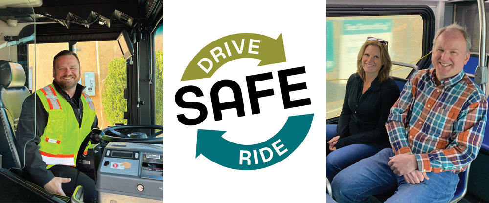 Campaign banner for ABQ RIDE's Drive Safe, Ride Safe campaign.