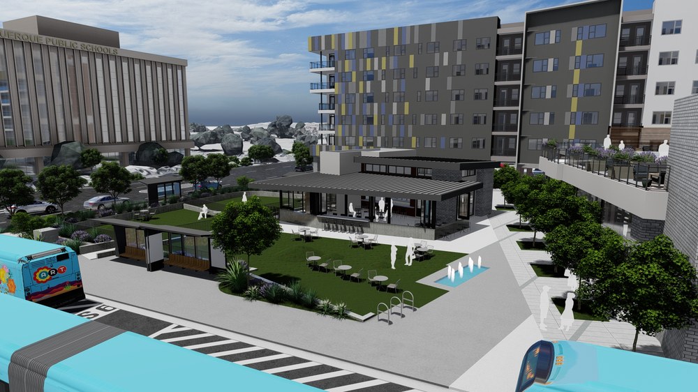 Uptown Connect development features a Transit Plaza with digital signage, comfortable waiting areas, and shade!