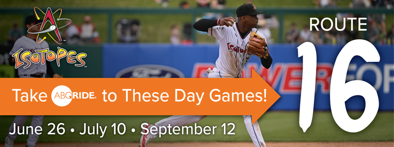 Isotopes baseball players image with Route 16 promotional dates.