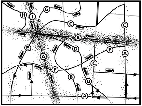 This diagram illustrates a transit network that is focused on serving the larger geographical area with bus routes on all streets across a community.