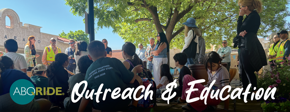 Banner for ABQ RIDE's community engagement including presentations, tours, and travel training.