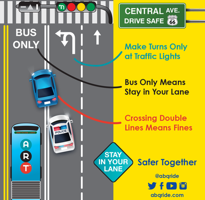 Make Turns Only at Traffic Lights. Bus Only Means Stay in Your Lane. Crossing Double Lines Means Fines.