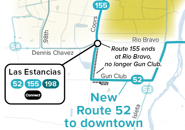 A map showing the route 155 Changes for ABQ Ride Forward.