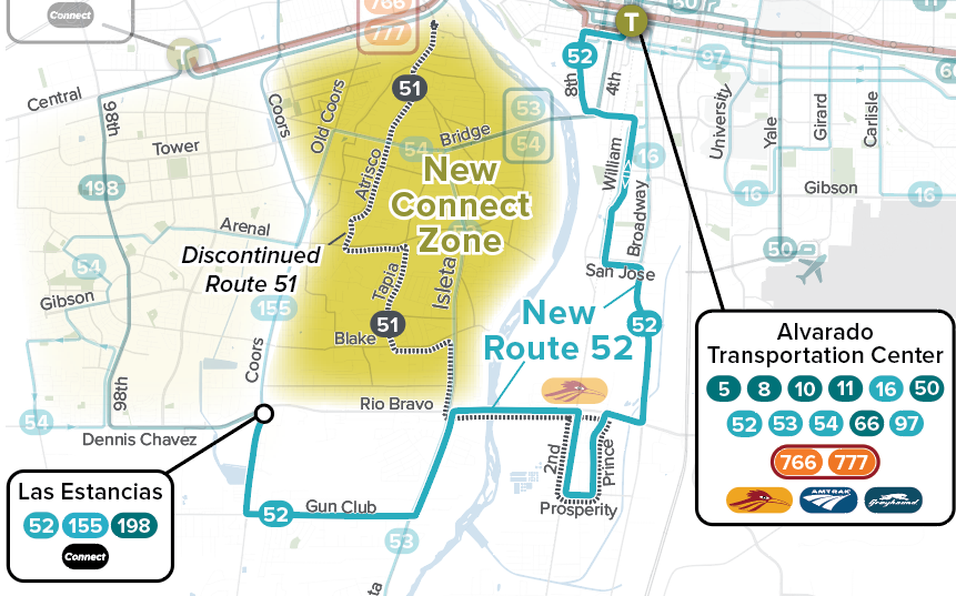 A map showing the route 52 changes for ABQ Ride Forward.