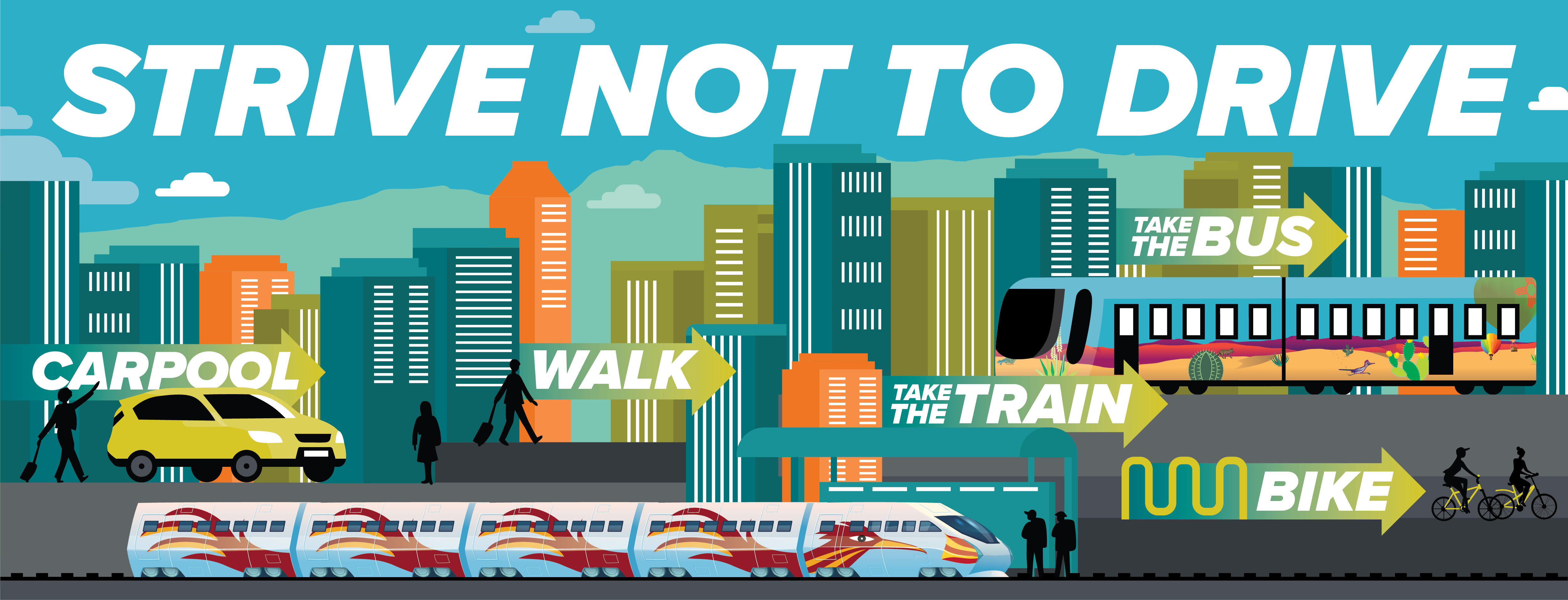 The Strive Not to Drive page main banner image, featuring illustrations of people and multiple modes of transpiration like the bus and the train.