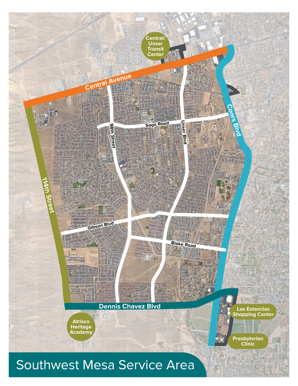 The boundary map of the Southwest Mesa zone for the ABQ RIDE Connect Microtransit service.