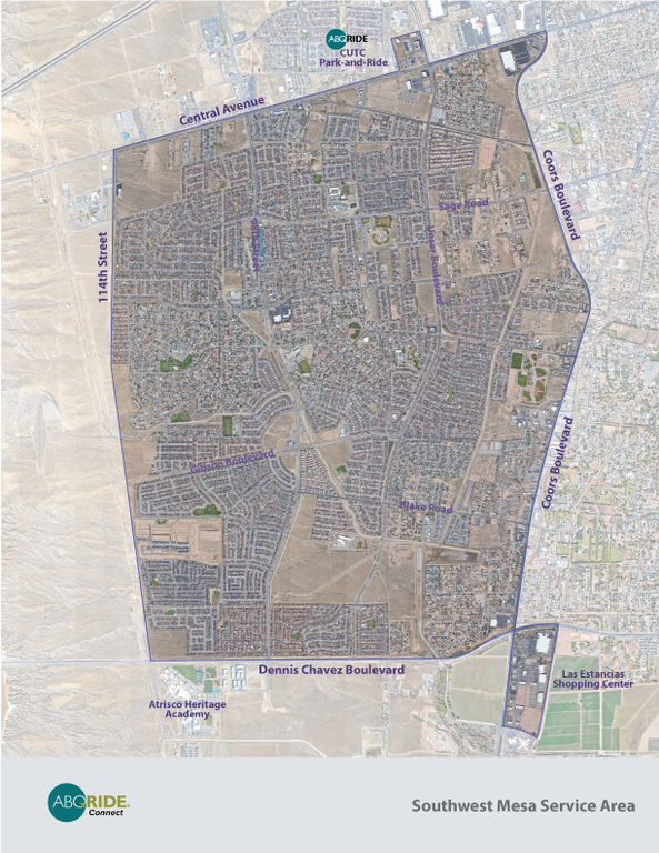 The boundary map of the Southwest Mesa zone for the ABQ RIDE Connect Microtransit service.