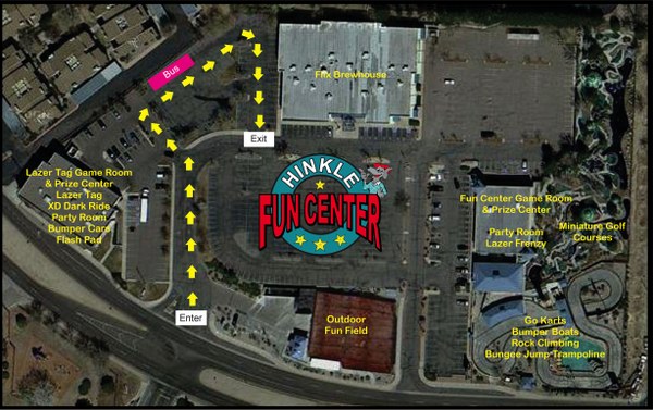 Map of Hinkle Fun Center and Flix Brewhouse parking lot for school supply drive.
