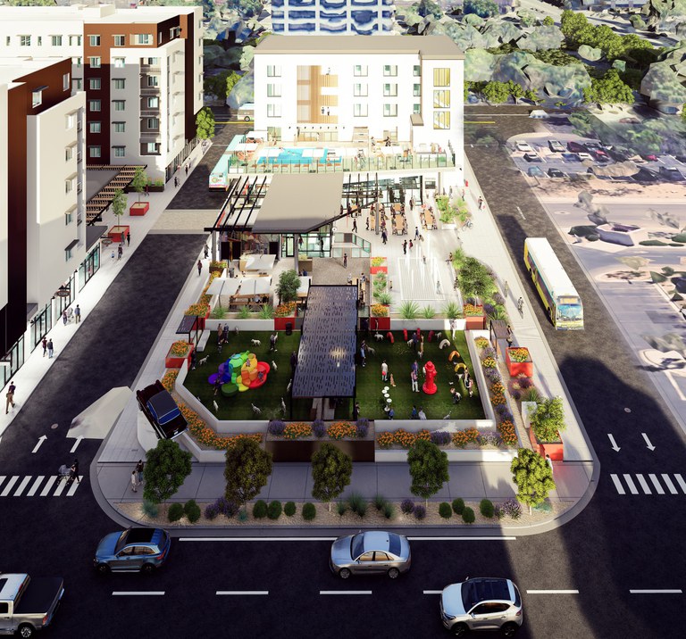 Aerial image of 3-acre parcel comprised of former Uptown Transit Center and Nusenda Credit Union. Uptown Connect takes up a rectangular block and the image shows the traffic around the development, along with the Transit Plaza, housing towers, and commercial area for recreation and fun!