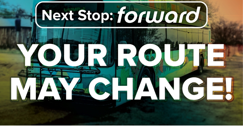 A City bus behind the words. Next Stop: forward. Your Route May Change starting Dec. 13, 2025. ABQRide Forward Network Plan logo, ABQRIDE.com.