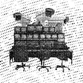 Blurry image of three chairs in front of multiple monitors stacked ontop of one another. 