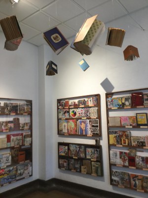Image of Juliana Coles' exhibit at Harwood Art Center with sketchbooks, artist books, and visual journals on the walls and hanging from the ceiling. 