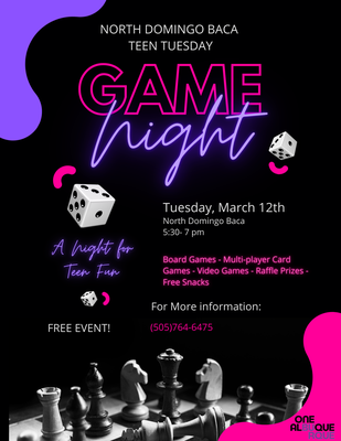 2024 Teen Night Game Night flyer with dice and chess images, all text on page.