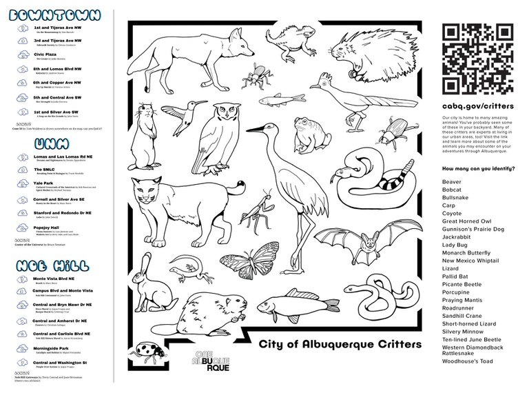 A coloring page with the shape of the state of New Mexico and many native NM animals outlined in black.