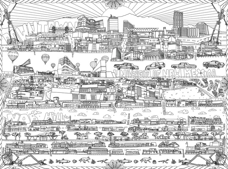 A coloring page with buildings, balloons, cars, animals, skeletons, clouds, and the words Downtown, University of New Mexico, and Nob Hill outlined in black.