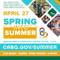 The Spring into Summer and Youth connect logos. On the right is a grid of squares with photos. One photo has a small girl with braided brown hair playing on a bouncy house. Another has a small girl with blonde hair holding a colorful ball. The last is a family with a young mom and dad wearing sunglasses posing with their their two small children while smiling and embracing.